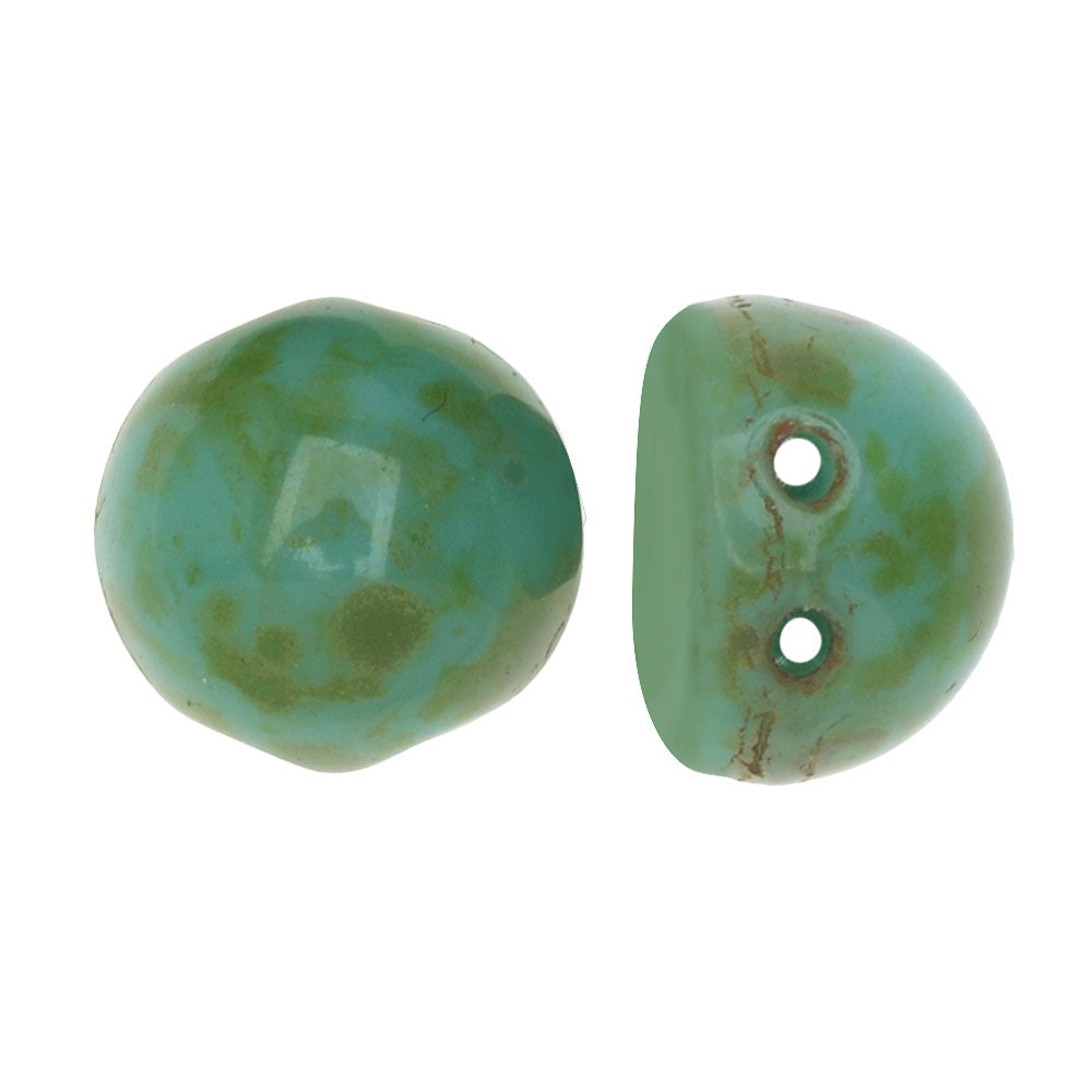 CzechMates Glass, 2-Hole Round Cabochon Beads 7mm Diameter, Opaque Turquoise Picasso (2.5" Tube)