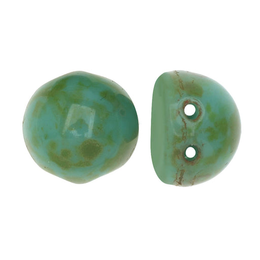 CzechMates Glass, 2-Hole Round Cabochon Beads 7mm Diameter, Opaque Turquoise Picasso (2.5" Tube)