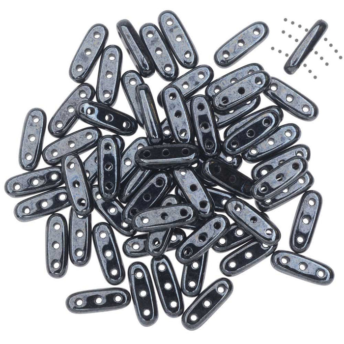 CzechMates Glass, 3-Hole Beam Beads 10x3.5mm, Hematite (2.5" Tube)