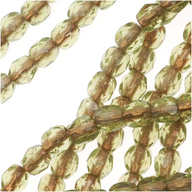 Czech Fire Polished Glass Beads 3mm Round Olivine Copper Lined (1 Strand)