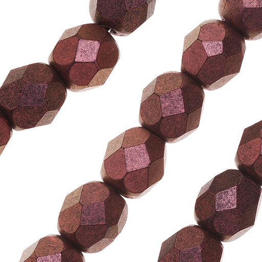 Czech Fire Polished Glass, 6mm Faceted Round Beads, Copper Rose Polychrome (25 Piece Strand)
