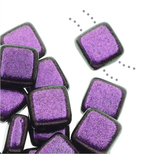 CzechMates Glass, 2-Hole Square Tile Beads 6mm, Black Currant Polychrome (1 Strand)