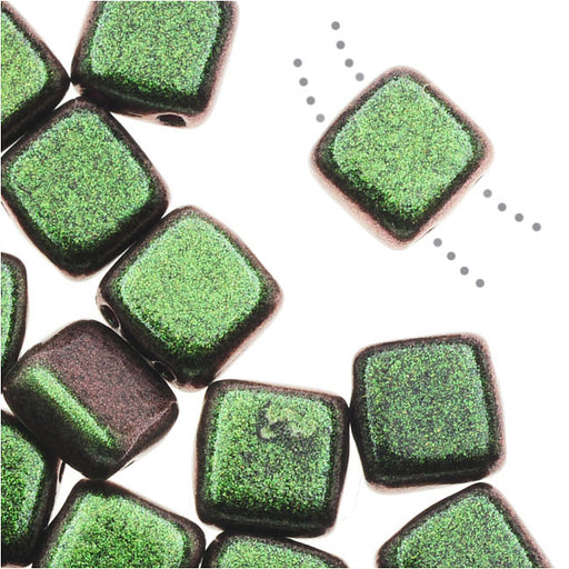 CzechMates Glass, 2-Hole Square Tile Beads 6mm, Olive Mauve Polychrome (1 Strand)