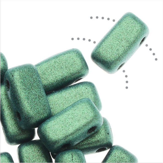 CzechMates Glass, 2-Hole Rectangle Brick Beads 6x3mm, Metallic Light Green Suede (1 Strand)