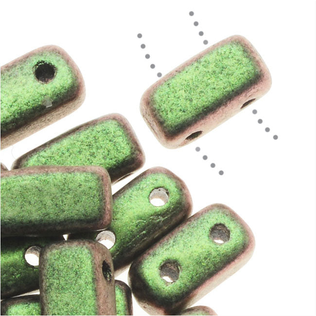 CzechMates Glass, 2-Hole Rectangle Brick Beads 6x3mm, Olive Mauve Polychrome (1 Strand)