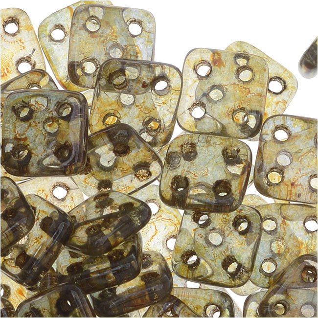 CzechMates Glass, QuadraTile 4-Hole Square Beads 6mm, Transparent Green Luster (2.5" Tube)
