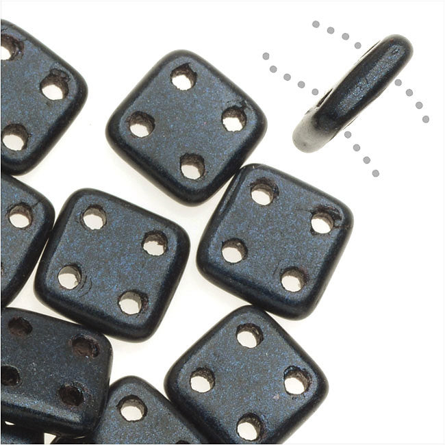 CzechMates Glass, QuadraTile 4-Hole Square Beads 6mm, Metallic Dark Blue Suede (2.5" Tube)