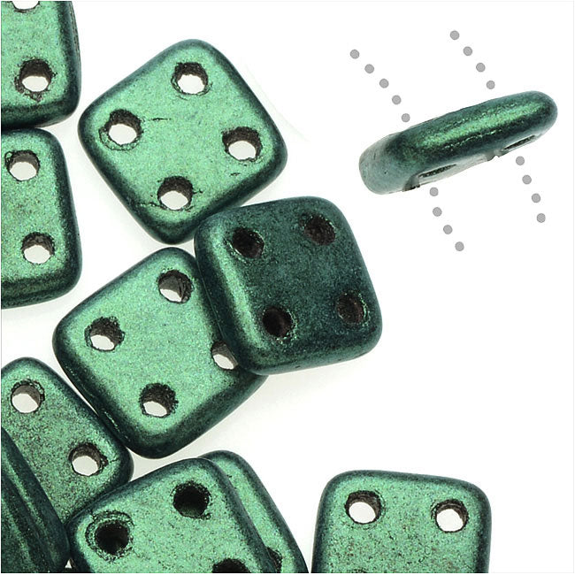 CzechMates Glass, QuadraTile 4-Hole Square Beads 6mm, Metallic Light Green Suede (2.5" Tube)