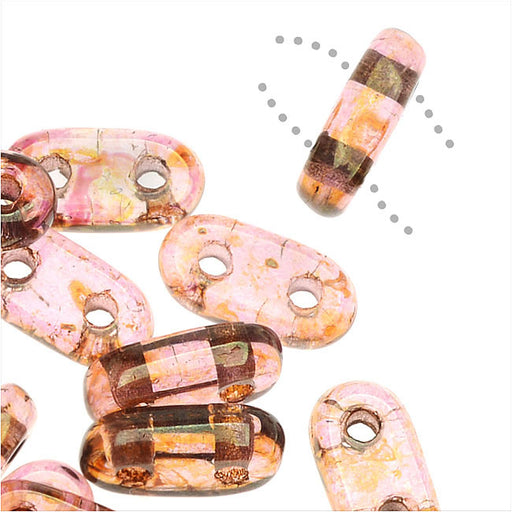 CzechMates Glass, 2-Hole Bar Beads 6x2mm, Rose / Gold Topaz Luster (2.5" Tube)
