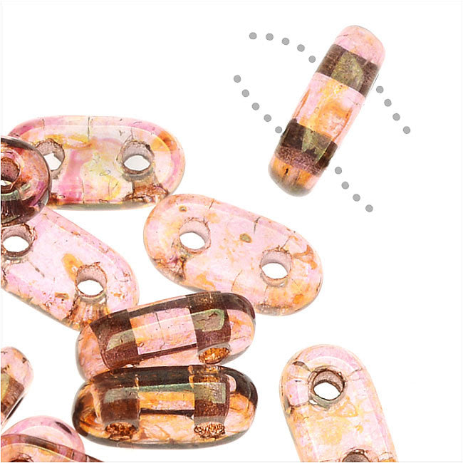 CzechMates Glass, 2-Hole Bar Beads 6x2mm, Rose / Gold Topaz Luster (2.5" Tube)