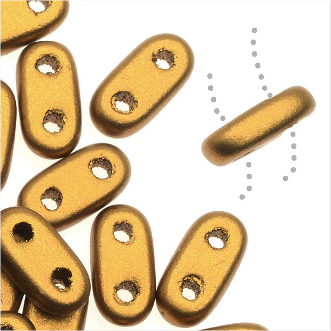 CzechMates Glass, 2-Hole Bar Beads 6x2mm, Matte Metallic Antiqued Gold (2.5" Tube)