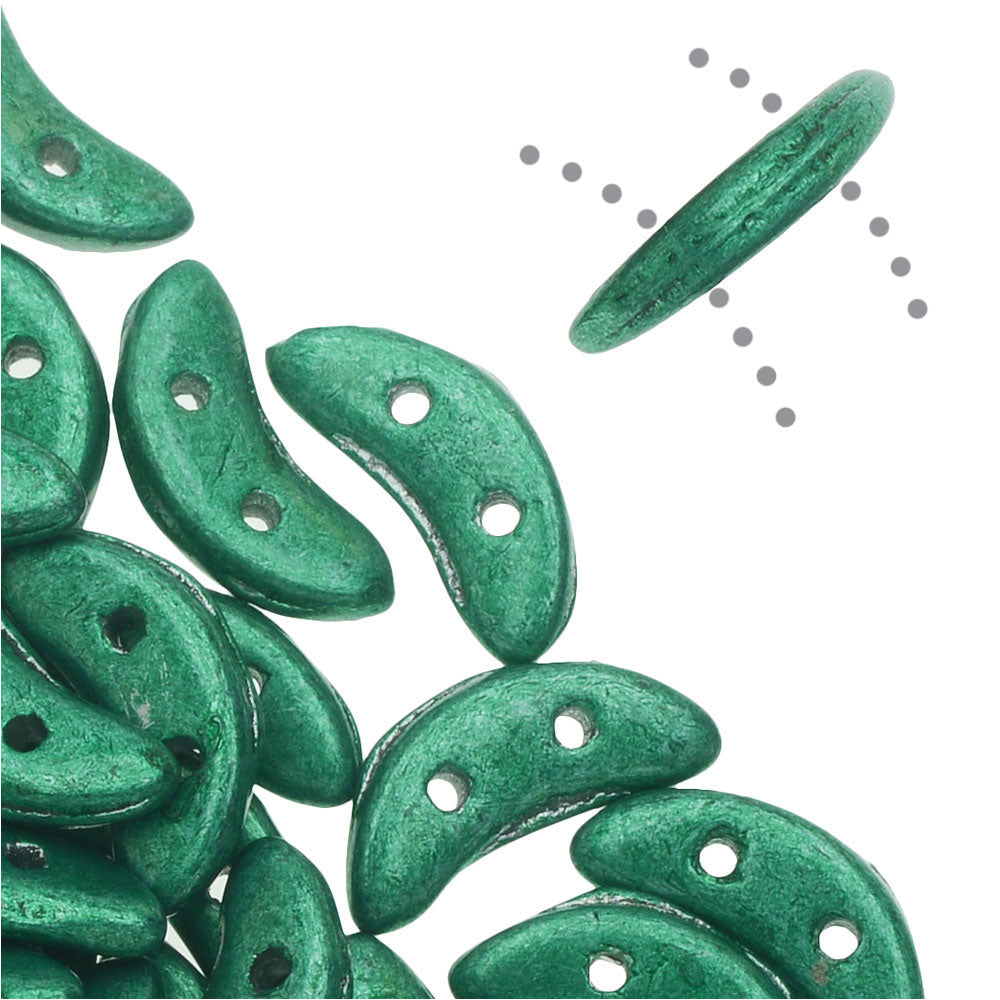 CzechMates Glass, 2-Hole Crescent Beads 10x4.5mm, Saturated Metallic Emerald (2.5" Tube)