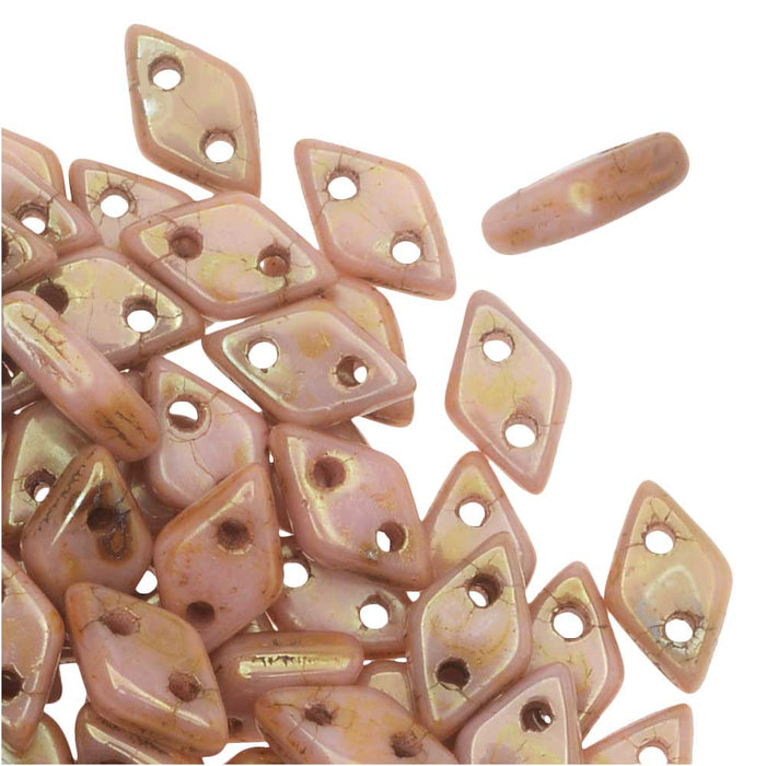 CzechMates Glass, 2-Hole Diamond Beads 4x6mm, 8 Grams, Luster Opaque Rose/Gold Topaz