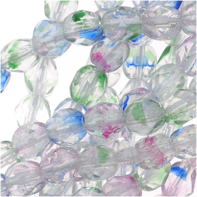Czech Fire Polished Glass Beads 4mm Round Crystal Clear With Speckle Color Mix (50 pcs)