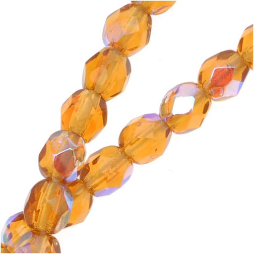 Czech Fire Polished Glass Beads 4mm Round Smoke Topaz AB (1 Strand)