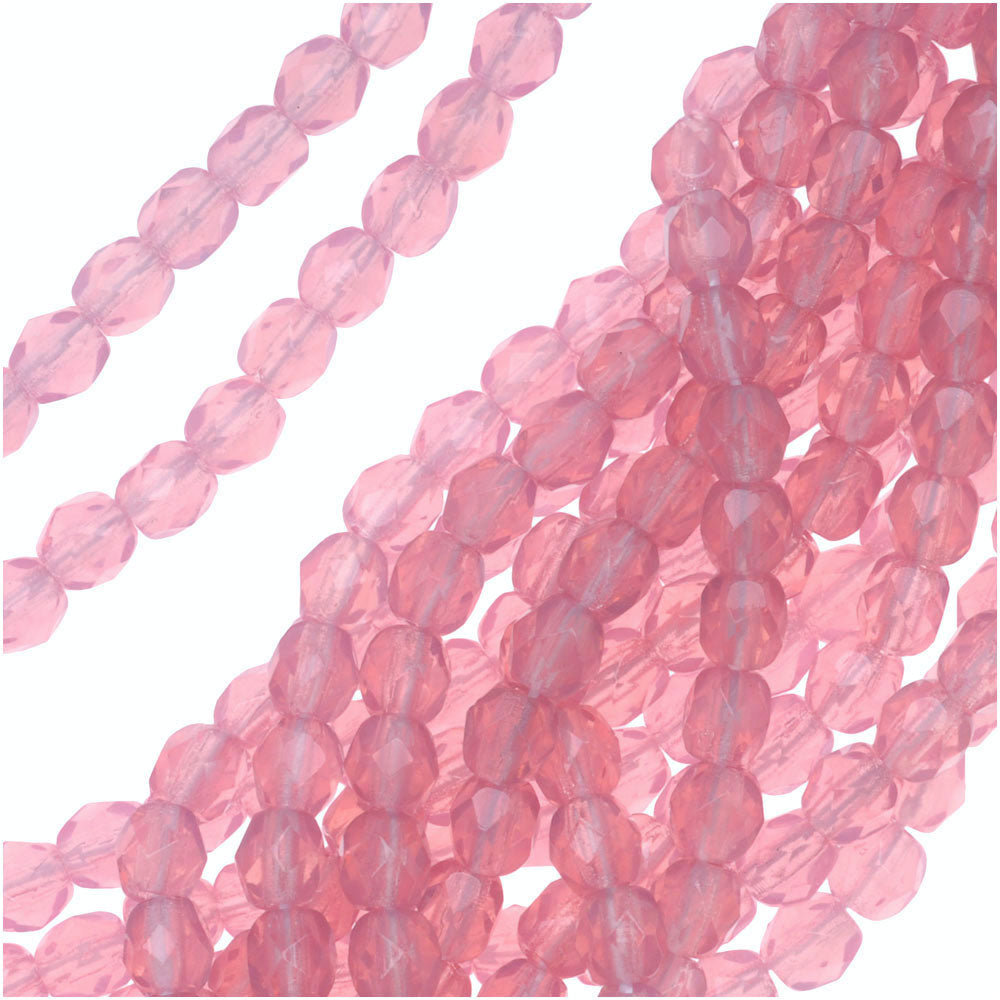 Czech Fire Polished Glass Beads 4mm Round Rose Pink Opal (50 pcs)