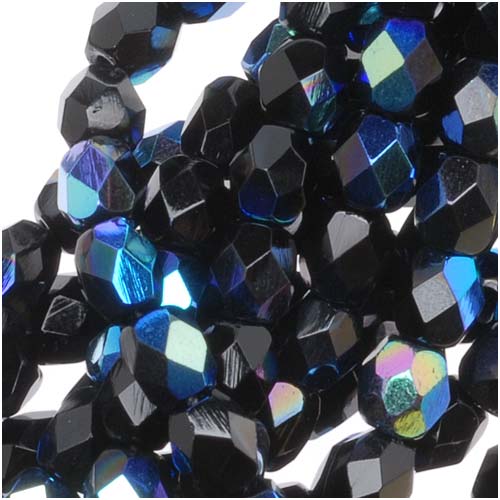 Czech Fire Polished Glass Beads 4mm Round Jet AB (50 pcs)