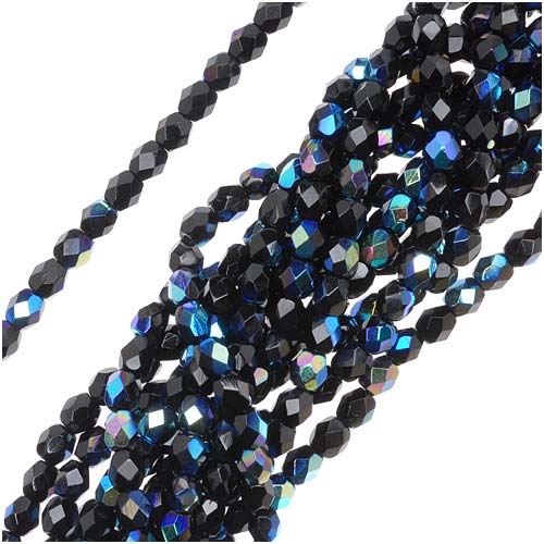 Czech Fire Polished Glass Beads 4mm Round Jet AB (50 pcs)