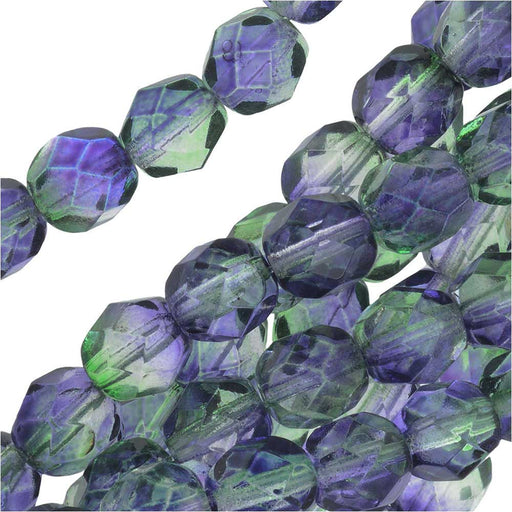 Czech Fire Polished Glass Beads 6mm Round Two Tone Blueberry/Green Tea (25 pcs)