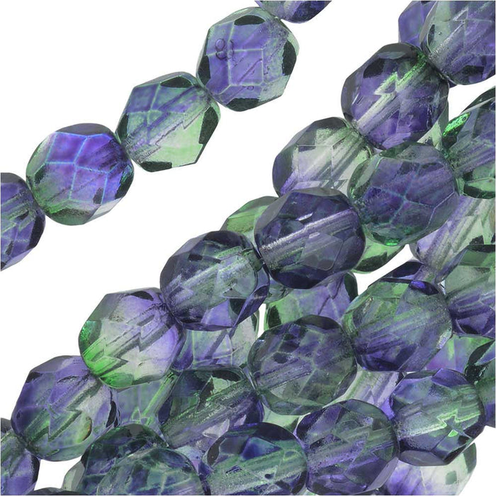Czech Fire Polished Glass Beads 6mm Round Two Tone Blueberry/Green Tea (25 pcs)