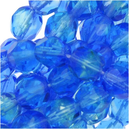 Czech Fire Polished Glass Beads 6mm Round Two Tone Sapphire/Green (1 Strand)