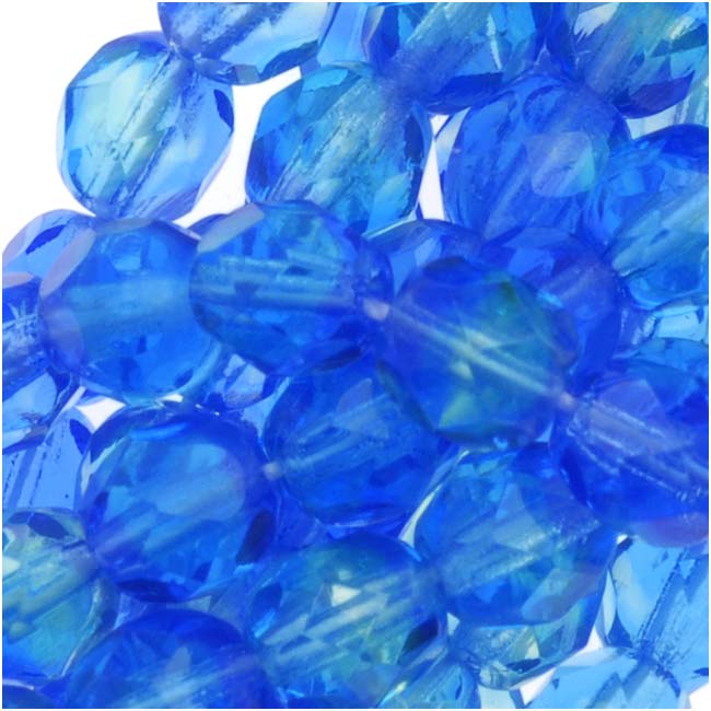 Czech Fire Polished Glass Beads 6mm Round Two Tone Sapphire/Green (1 Strand)