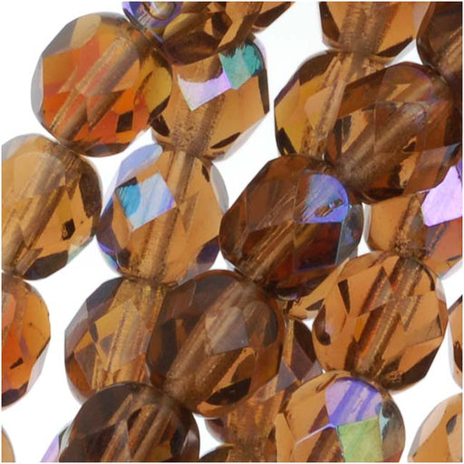 Czech Fire Polished Glass Beads 6mm Round Smoke Topaz AB (1 Strand)