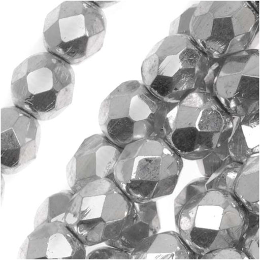 Czech Fire Polished Glass Beads 6mm Round Metallic Silver  Full-Coat(25)