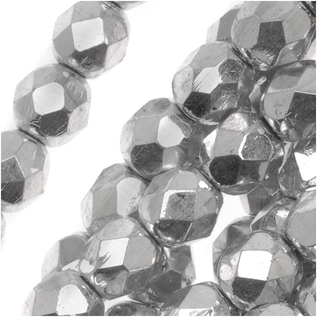 Czech Fire Polished Glass Beads 6mm Round Metallic Silver  Full-Coat(25)