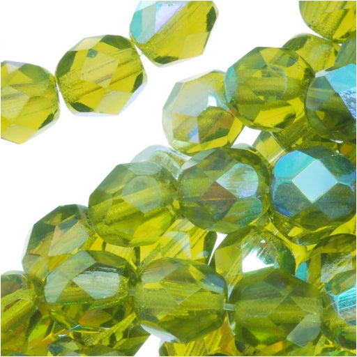 Czech Fire Polished Glass Beads 6mm Round Olivine AB (1 Strand)