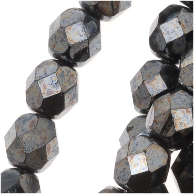 Czech Fire Polished Glass Beads 6mm Round Hematite (1 Strand)