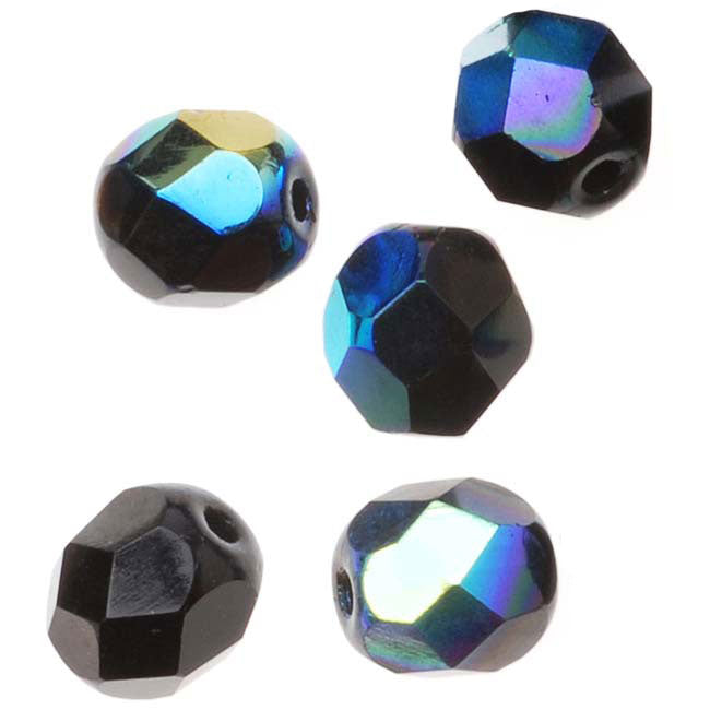 Czech Fire Polished Glass Beads 6mm Round Jet Black AB (25 pcs)