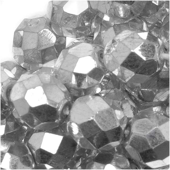 Czech Fire Polished Glass Beads 8mm Round Metallic Silver Full-Coat (25 pcs)