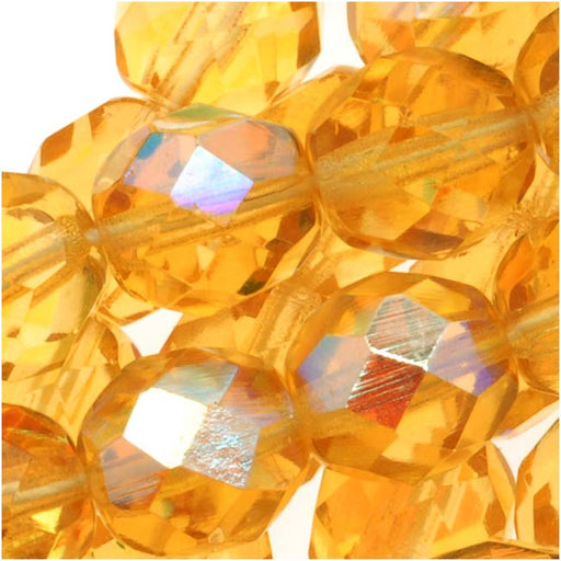 Czech Fire Polished Glass Beads 8mm Round Lt Topaz AB (1 Strand)