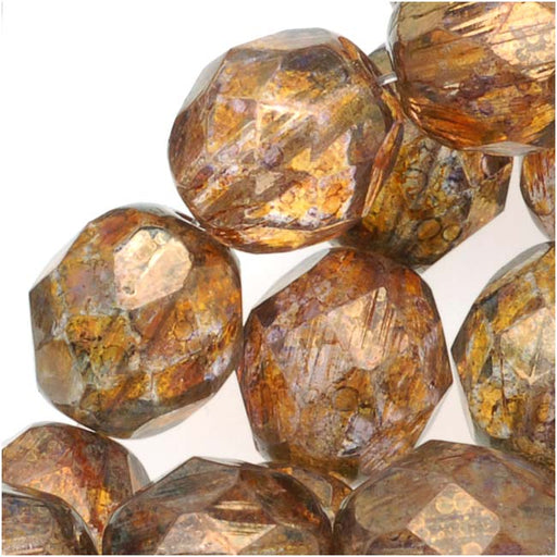 Czech Fire Polished Glass Beads 8mm Transparent Gold/Smoked Topaz (1 Strand)