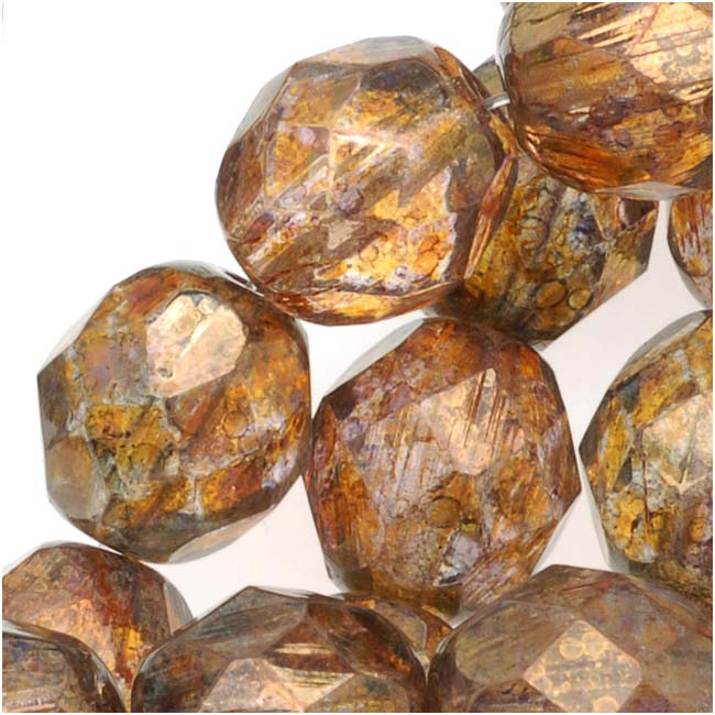 Czech Fire Polished Glass Beads 8mm Transparent Gold/Smoked Topaz (1 Strand)