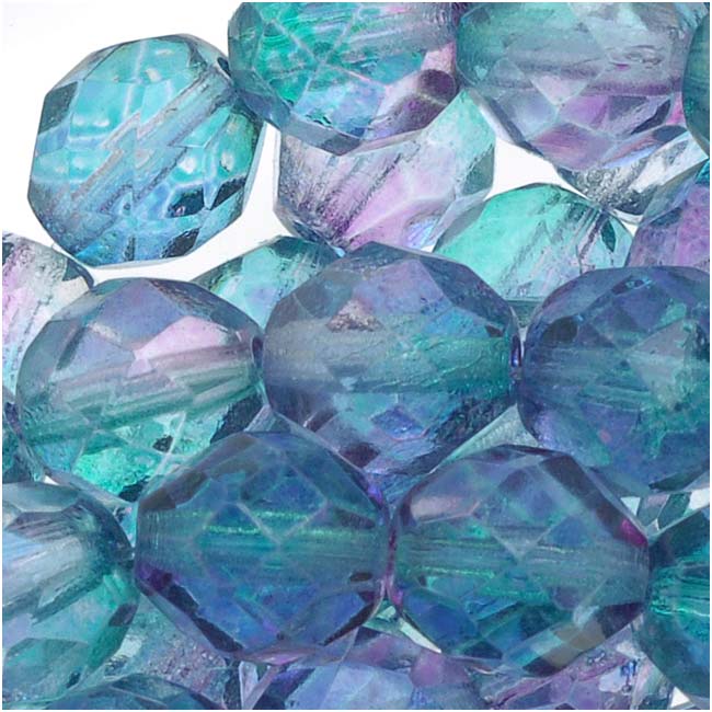 Czech Fire Polished Glass Beads 8mm Round Two Tone Purple/Blue (25 pcs)