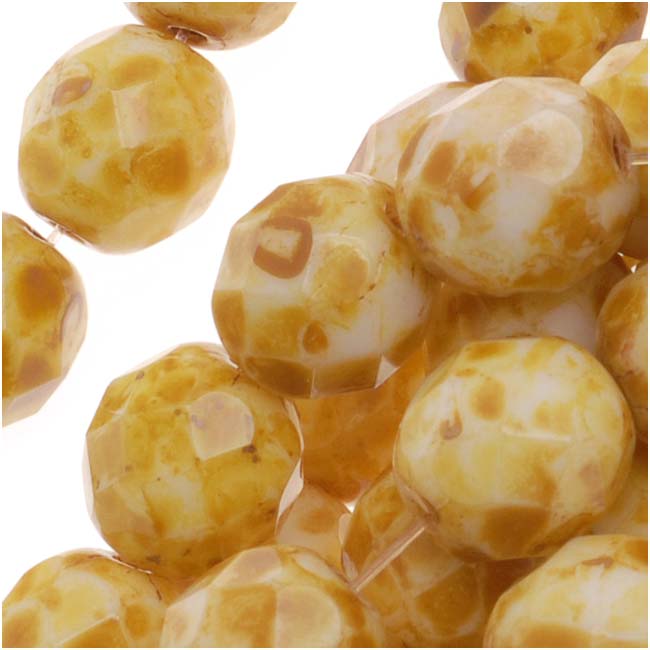 Czech Fire Polished Glass Beads 8mm Round Opaque White Picasso (1 Strand)