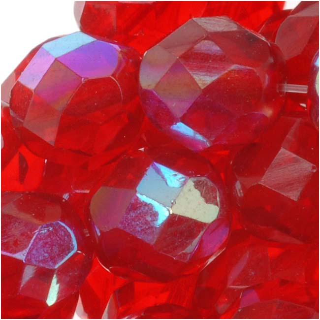 Czech Fire Polished Glass Beads 8mm Round Siam Ruby AB (1 Strand)