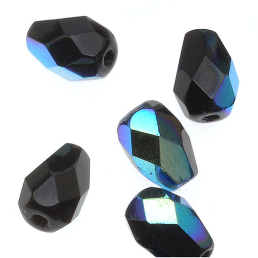 Czech Fire Polished Glass Beads 7 x 5mm Teardrop Jet Black AB (1 Strand)