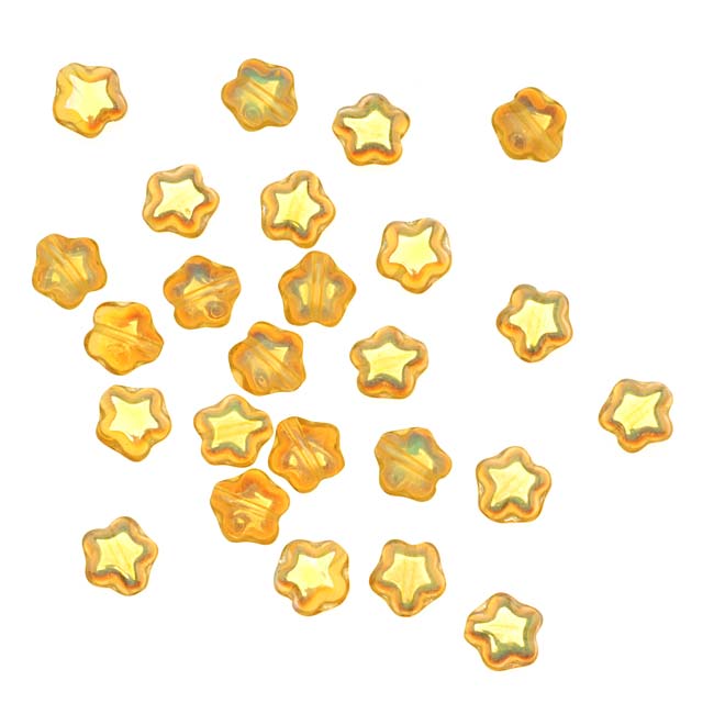 Czech Glass Beads Topaz AB Tiny Stars 6mm (25 pcs)