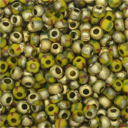 Czech Glass, Bohemian Aged 8/0 Round Seed Beads, Etched Yellow/Red/Green Stripes and Amber (10 Grams)