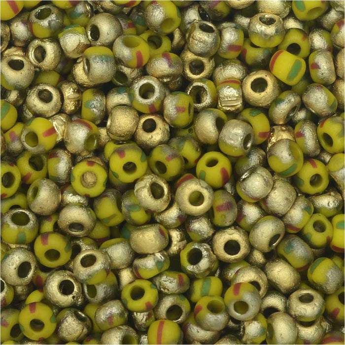Czech Glass, Bohemian Aged 8/0 Round Seed Beads, Etched Yellow/Red/Green Stripes and Amber (10 Grams)