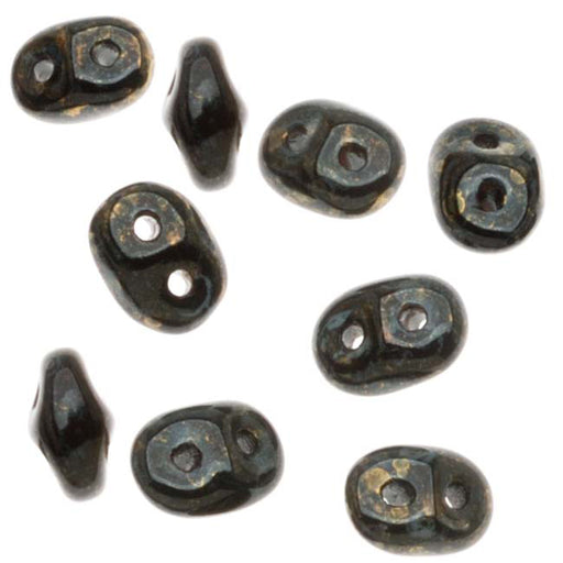 SuperDuo 2-Hole Czech Glass Beads, Jet/Bronze Picasso, 2x5mm, 8g Tube