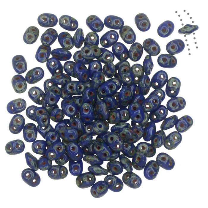 SuperDuo 2-Hole Czech Glass Beads, Opaque Blue Picasso, 2x5mm, 8g Tube