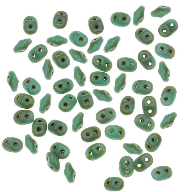 SuperDuo 2-Hole Czech Glass Beads, Opaque Turquoise Picasso, 2x5mm, 8g Tube