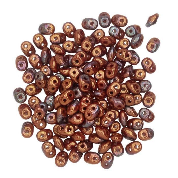 SuperDuo 2-Hole Czech Glass Beads, Opaque Red/Bronze Luster, 2x5mm, 8g Tube