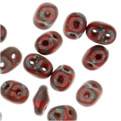 SuperDuo 2-Hole Czech Glass Beads, Opaque Red Picasso, 2x5mm, 8g Tube