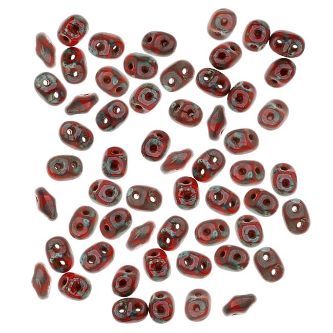 SuperDuo 2-Hole Czech Glass Beads, Opaque Red Picasso, 2x5mm, 8g Tube