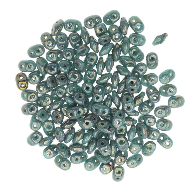 SuperDuo 2-Hole Czech Glass Beads, Turquoise Bronze Picasso, 2x5mm, 8g Tube